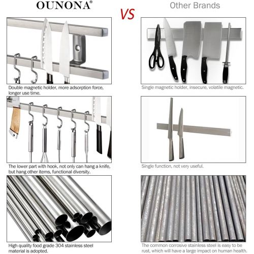  [아마존베스트]OUNONA Stainless Steel Magnetic Knife Holder Magnetic Strip Magnetic Wall Mounted Knife Rack with 6 Removable Hooks