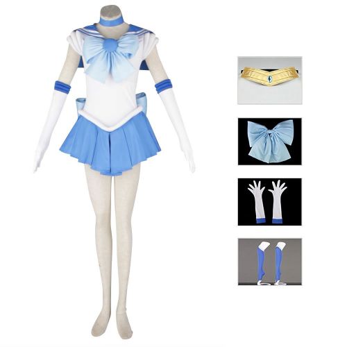  OURCOSPLAY Womens Sailor Moon Mercury Mizuno Ami Battle Cosplay Costume Dress 6 Pcs Set