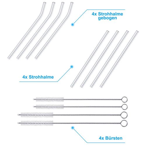  [아마존 핫딜]  [아마존핫딜]OUSI Glas strohhalme, Wiederverwendbare Strohhalme Set mit 4 Smoothie Strohhalme aus gebogenem Glas und 4 Trinkhalme, glasstrohalme mit 2 + 2 Reinigungsbuersten