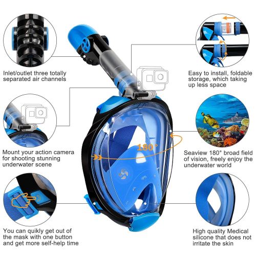  OUSPT Full Face Snorkel Mask, Snorkeling Mask with Detachable Camera Mount, Seaview 180° Upgraded Dive Mask with Newest Breathing System, Dry Top Set Anti-Fog Anti-Leak for Adult K