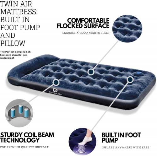 Outbound Twin Air Mattress with Built-in Pillow & Foot Pump Portable Airbed Blow Up Mattress for Camping Includes Repair Patch, Twin