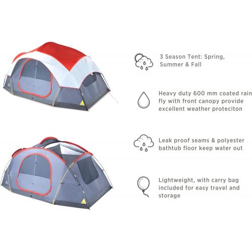  Outbound 8-Person Dome Tent for Camping with Carry Bag and Rainfly | Perfect for Backpacking or The Beach | Dome Tent, Red