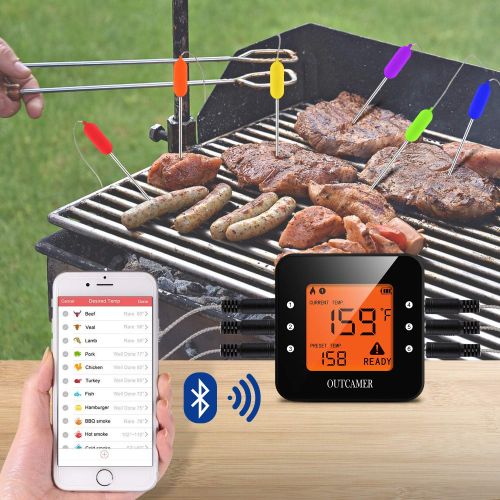  OUTCAMER Bluetooth Digital Meat Thermometer, Wireless Instant Read BBQ Meat Thermometer for Grilling, Smart with 6 Stainless Steel Probes Remoted Monitor for Cooking Smoker Oven Ki