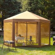 OUTDOOR LIVING SUNTIME SUNTIME Outdoor Patio Hexagon Gazebo, Pop Up Instant Canopy, Garden Backyard Party Tent with Sidewalls(6.6 x 9.2), Coffee Brown