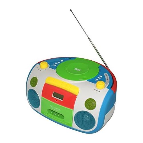  [아마존베스트]OUTMARK Harlekin portable childrens radio cassette CD player, stereo, boombox, white, green, blue, red, yellow, FM radio, LCD display, headphone connection, 2 x 1.5 W RMS power, cassette c