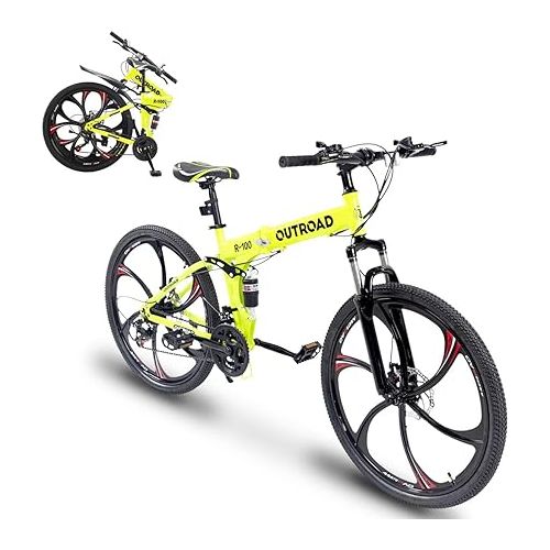  Outroad 26 Inch Folding Mountain Bike, 21 Speed Full Suspension High-Carbon Steel MTB Foldable Bicycle, Dual Disc Brake Non-Slip Folding Bikes for Adults/Men/Women, Black, Orange and Green