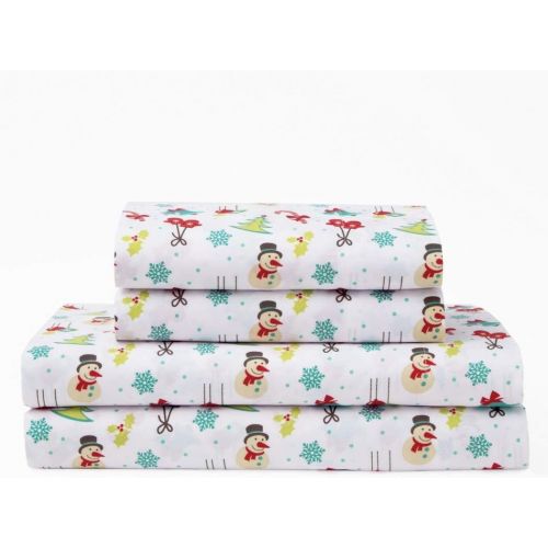  OV 4 Piece Red Blue Green White Color Holiday Wonderland Sheets Queen Set, Multi Snowman Frozen Snowflake Floral, Christmas Winter Nights Novelty Charming Bedding Master Bedroom, Poly