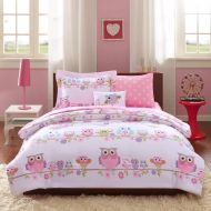 OV 8 Piece Girls Pink White Green Animal Print Pattern Comforter Set Full Sized with Sheets, Light Pink Sky Blue Purple Owl Little Birds Daisy Flower, Adorable Multi Kids Bedding Cont