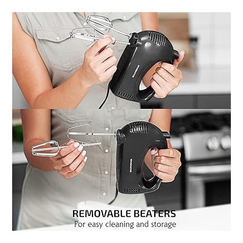  OVENTE Portable 5 Speed Mixing Electric Hand Mixer with Stainless Steel Whisk Beater Attachments & Snap Storage Case, Compact Lightweight 150 Watt Powerful Blender for Baking & Cooking, Black HM151B