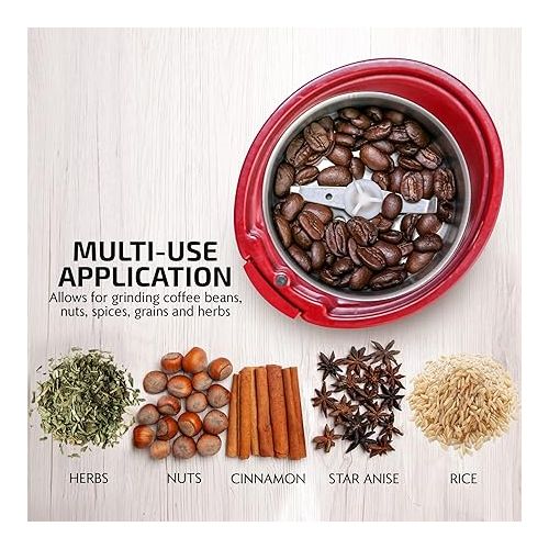  OVENTE Electric Coffee Grinder - Small Portable & Compact Grinding Mill with Stainless Blade for Bean Spices Herb and Tea, Perfect for Home & Kitchen - Maroon CG225M