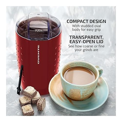  OVENTE Electric Coffee Grinder - Small Portable & Compact Grinding Mill with Stainless Blade for Bean Spices Herb and Tea, Perfect for Home & Kitchen - Maroon CG225M