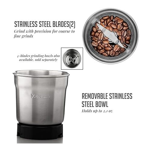  OVENTE Electric Coffee Grinder 2.1 Ounce Cup Fresh Grind with 2 Blade Stainless Steel Grinding Bowl, Fast Grinding with 200 Watt Powered Motor Perfect for Beans, Spices, Nuts, Silver CG620S