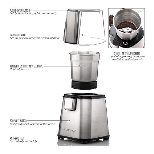  OVENTE Electric Coffee Grinder 2.1 Ounce Cup Fresh Grind with 2 Blade Stainless Steel Grinding Bowl, Fast Grinding with 200 Watt Powered Motor Perfect for Beans, Spices, Nuts, Silver CG620S