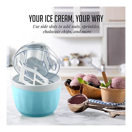  Ovente Electric Ice Cream Maker 1 Quart Freezer Bowl with Easy-Lock Lid, 15 Watt Healthy Homemade Sorbet Frozen Yogurt Making Mini Machine, Perfect Cold Summer Dessert for Kids & Party, Blue ICM110BL