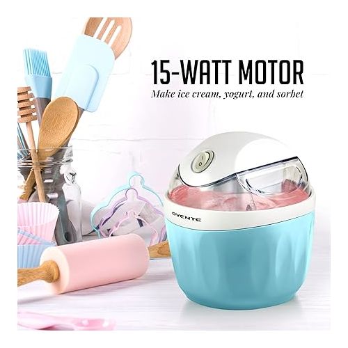  Ovente Electric Ice Cream Maker 1 Quart Freezer Bowl with Easy-Lock Lid, 15 Watt Healthy Homemade Sorbet Frozen Yogurt Making Mini Machine, Perfect Cold Summer Dessert for Kids & Party, Blue ICM110BL