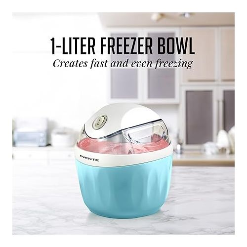  Ovente Electric Ice Cream Maker 1 Quart Freezer Bowl with Easy-Lock Lid, 15 Watt Healthy Homemade Sorbet Frozen Yogurt Making Mini Machine, Perfect Cold Summer Dessert for Kids & Party, Blue ICM110BL