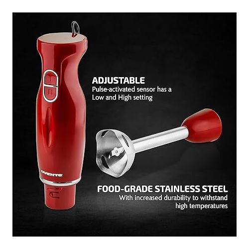  OVENTE Electric Immersion Hand Blender 300 Watt 2 Mixing Speed with Stainless Steel Blades, Powerful Portable Easy Control Grip Stick Mixer Perfect for Smoothies, Puree Baby Food & Soup, Red HS560R