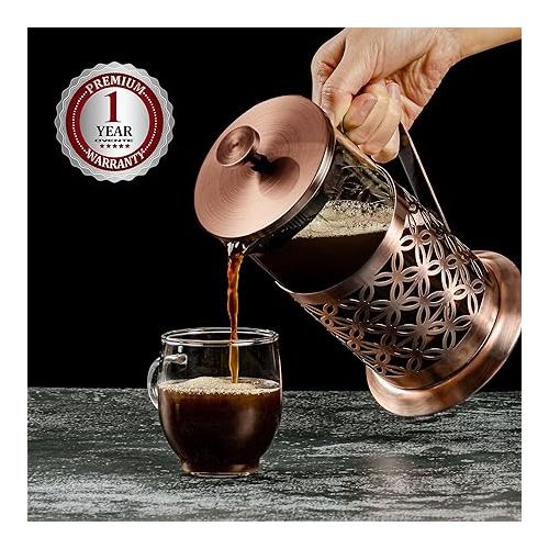  OVENTE 34 Ounce French Press Coffee & Tea Maker, 4 Filter Stainless Steel Filter Plunger System & Durable Borosilicate Heat Resistant Glass with Free Scoop, Perfect for Hot & Cold Brew, Copper FSF34C