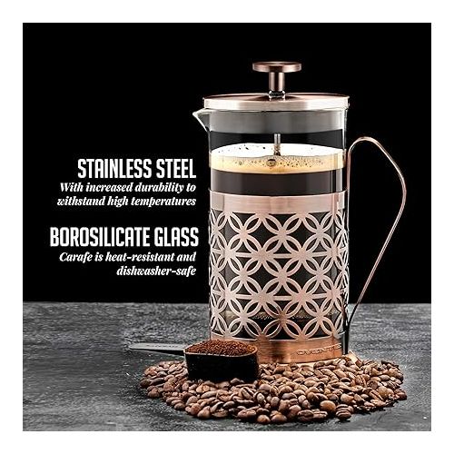  OVENTE 34 Ounce French Press Coffee & Tea Maker, 4 Filter Stainless Steel Filter Plunger System & Durable Borosilicate Heat Resistant Glass with Free Scoop, Perfect for Hot & Cold Brew, Copper FSF34C