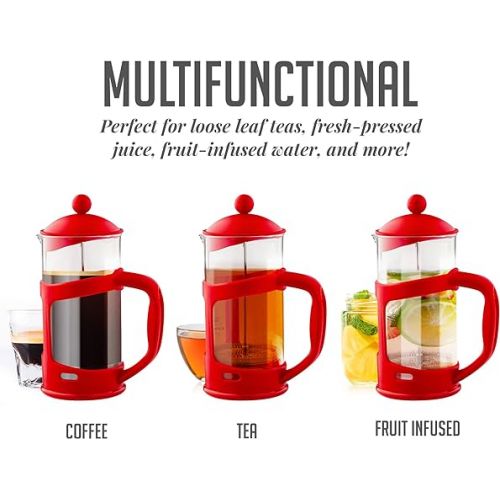  OVENTE 34 Ounce French Press Coffee, Tea and Espresso Maker, Heat Resistant Borosilicate Glass with 4 Filter Stainless-Steel System, BPA-Free Portable Pitcher Perfect for Hot & Cold Brew, Red FPT34R