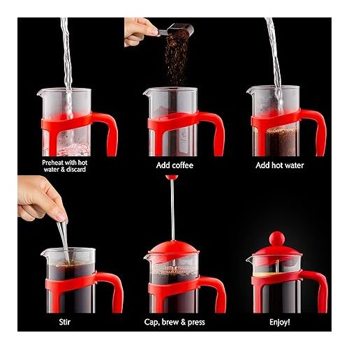  OVENTE 34 Ounce French Press Coffee, Tea and Espresso Maker, Heat Resistant Borosilicate Glass with 4 Filter Stainless-Steel System, BPA-Free Portable Pitcher Perfect for Hot & Cold Brew, Red FPT34R