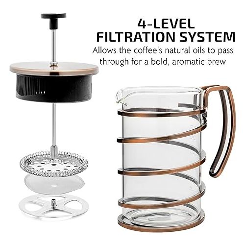  OVENTE 27 Ounce French Press Coffee & Tea Maker, 4 Filter Stainless Steel Filter Plunger System & Durable Borosilicate Heat Resistant Glass, Perfect for Hot & Cold Brew, Spiral Copper FSW27C