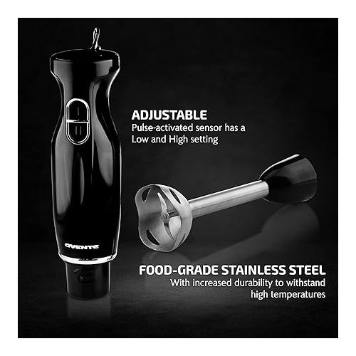  OVENTE Electric Immersion Hand Blender 300 Watt 2 Mixing Speed with Stainless Steel Blades, Powerful Portable Easy Control Grip Stick Mixer Perfect for Smoothies, Puree Baby Food & Soup, Black HS560B