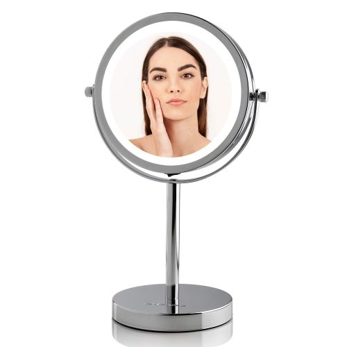  Ovente Tabletop Makeup Vanity Mirror 6 Inch with Cool Tone LED Lights, Double-Sided with 7X Magnification, Distortion-Free View, Option of Batteries or USB Operated, Polished Chrom