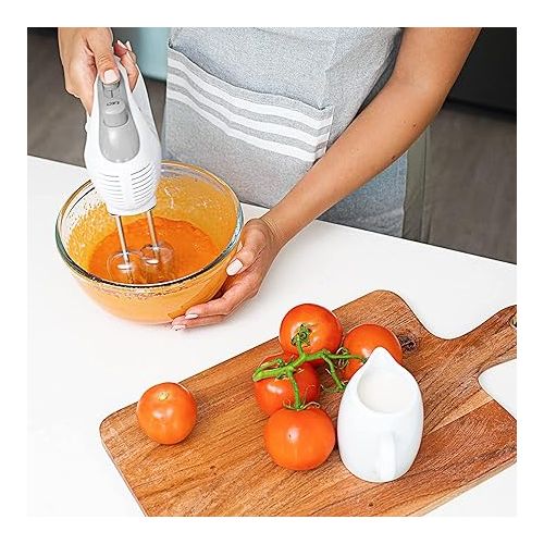  OVENTE Portable 5 Speed Mixing Electric Hand Mixer with Stainless Steel Whisk Beater Attachments & Snap Storage Case, Compact Lightweight 150 Watt Powerful Blender for Baking & Cooking, White HM151W