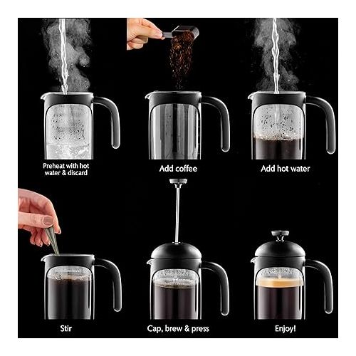  OVENTE 12 Ounce French Press Coffee, Tea and Espresso Maker, Heat Resistant Borosilicate Glass with 4 Filter Stainless-Steel System, BPA-Free Portable Pitcher Perfect for Hot & Cold Brew, Black FPB12B