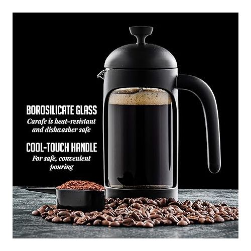  OVENTE 12 Ounce French Press Coffee, Tea and Espresso Maker, Heat Resistant Borosilicate Glass with 4 Filter Stainless-Steel System, BPA-Free Portable Pitcher Perfect for Hot & Cold Brew, Black FPB12B