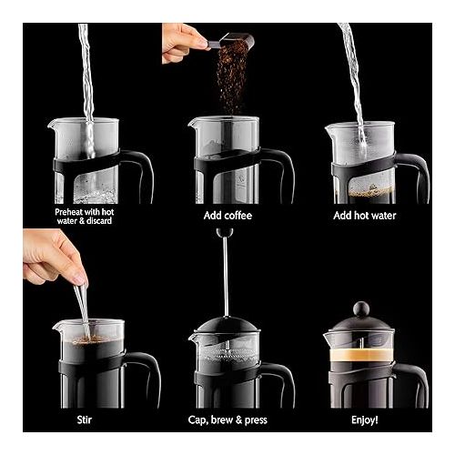  OVENTE 12 Ounce French Press Coffee, Tea and Espresso Maker, Heat Resistant Borosilicate Glass with 4 Filter Stainless-Steel System, BPA-Free Portable Pitcher Perfect for Hot & Cold Brew, Black FPT12B