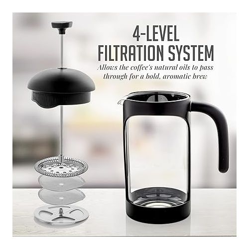  OVENTE 20 Ounce French Press Coffee, Tea and Espresso Maker, Heat Resistant Borosilicate Glass with 4 Filter Stainless-Steel System, BPA-Free Portable Pitcher Perfect for Hot & Cold Brew, Black FPB20B