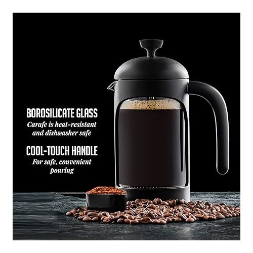  OVENTE 20 Ounce French Press Coffee, Tea and Espresso Maker, Heat Resistant Borosilicate Glass with 4 Filter Stainless-Steel System, BPA-Free Portable Pitcher Perfect for Hot & Cold Brew, Black FPB20B