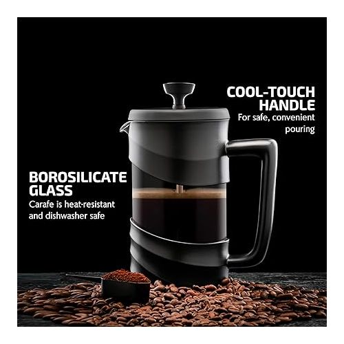  OVENTE 34 Ounce French Press Coffee, Tea and Espresso Maker, Heat Resistant Borosilicate Glass with 4 Filter Stainless-Steel System, BPA-Free Portable Pitcher Perfect for Hot & Cold Brew, Black FPW34B