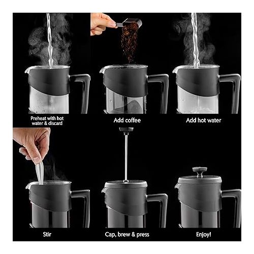  OVENTE 34 Ounce French Press Coffee, Tea and Espresso Maker, Heat Resistant Borosilicate Glass with 4 Filter Stainless-Steel System, BPA-Free Portable Pitcher Perfect for Hot & Cold Brew, Black FPW34B