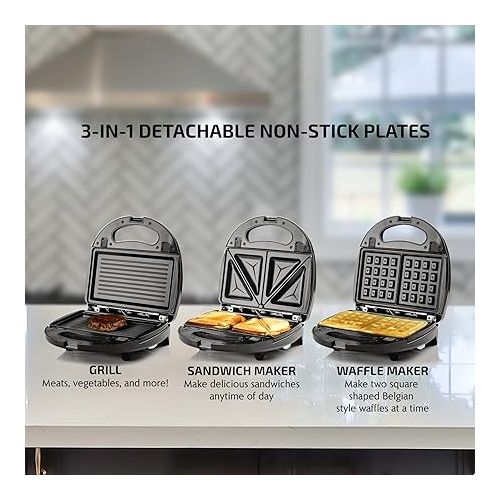  OVENTE 3 in 1 Electric Sandwich Maker, Panini Press Grill and Waffle Iron Set with Removable Non-Stick Plates, Perfect for Cooking Grilled Cheese, Tuna Melts, Burgers, Steaks and Snacks, Black GPI302B