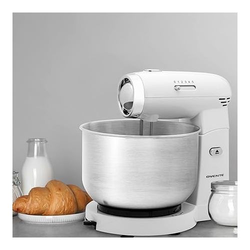  OVENTE Electric Kitchen Stand Mixer with 3.5-Quart Removable Stainless Steel Mixing Bowl, 5 Speed Control, 250-Watt Power, 2 Blender Attachment Egg Beater Whisk & Dough Hook White SM680W