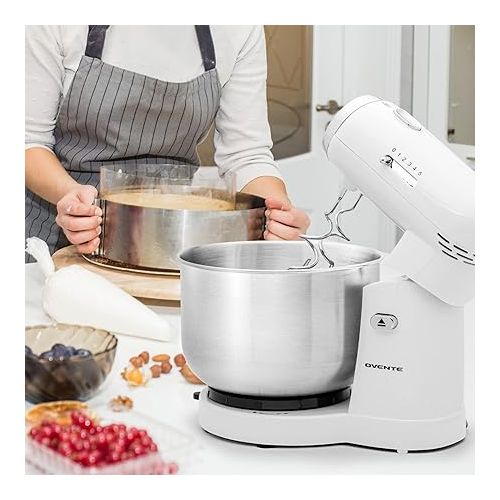  OVENTE Electric Kitchen Stand Mixer with 3.5-Quart Removable Stainless Steel Mixing Bowl, 5 Speed Control, 250-Watt Power, 2 Blender Attachment Egg Beater Whisk & Dough Hook White SM680W