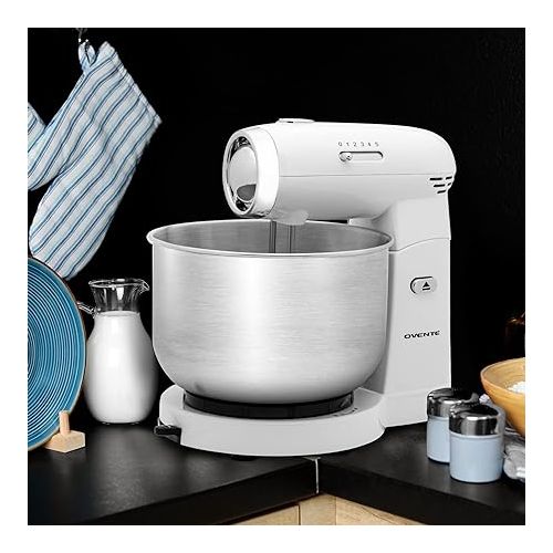  OVENTE Electric Kitchen Stand Mixer with 3.5-Quart Removable Stainless Steel Mixing Bowl, 5 Speed Control, 250-Watt Power, 2 Blender Attachment Egg Beater Whisk & Dough Hook White SM680W