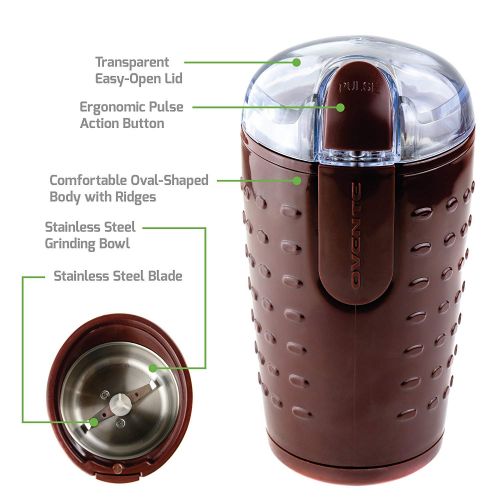  Ovente Electric Coffee Grinder 2.5 Ounces Fresh Grind with Stainless Steel Blades for Beans, Spices, Herbs, and More, 150 Watts Low Noise Motor, One Touch Button Operation, Brown (