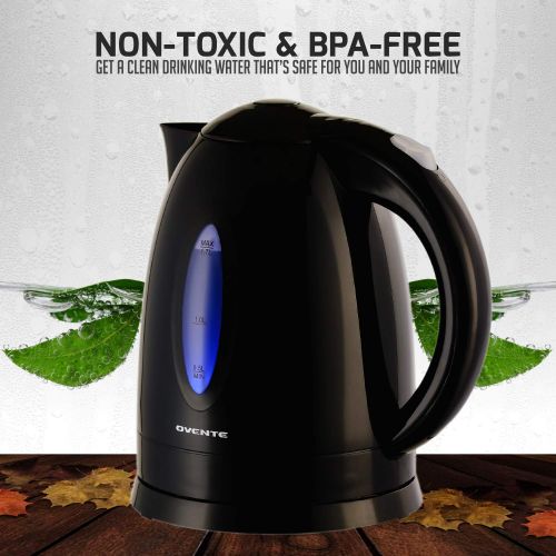  Ovente Electric Water Kettle 1.7 Liter with LED Indicator Light, 1100 Watts Fast & Concealed Heating Element, BPA-Free, Auto Shutoff Function and Boil Dry Protection, Black (KP72B)