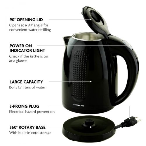  Ovente Electric Hot Water Kettle 1.7 Liter BPA-Free with Double Walled Stainless Steel, 1100 Watts with Fasting Heating Element and Auto Shutoff Boil Dry Protection, Black (KD64B)