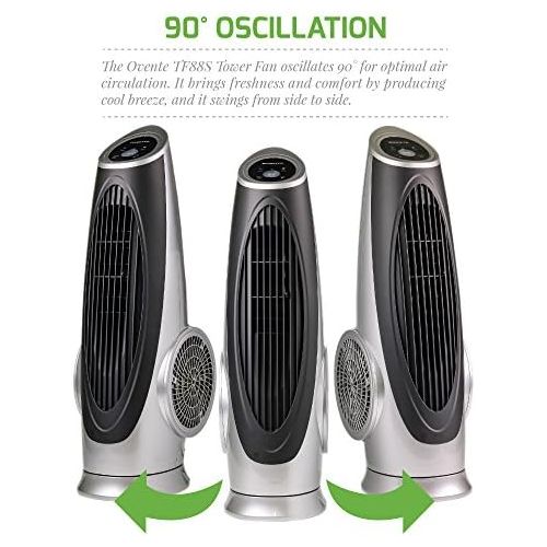  OVENTE Cool Breeze Tower Fan with Remote Control and LCD Panel, 3 Speed Settings, Low Noise, 100-Watts, 30 Inches, Includes 8 Hour Programmable Timer, 90 Degree Oscillation, Silver