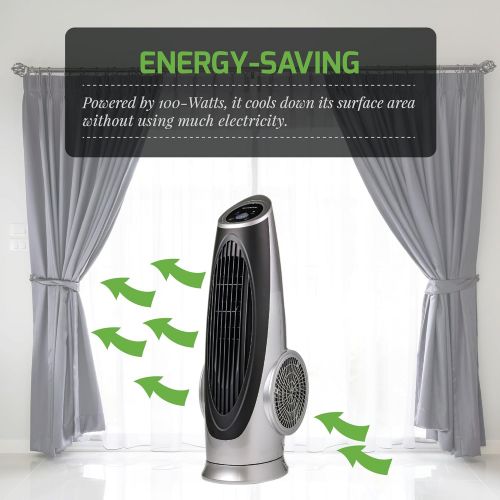  OVENTE Cool Breeze Tower Fan with Remote Control and LCD Panel, 3 Speed Settings, Low Noise, 100-Watts, 30 Inches, Includes 8 Hour Programmable Timer, 90 Degree Oscillation, Silver