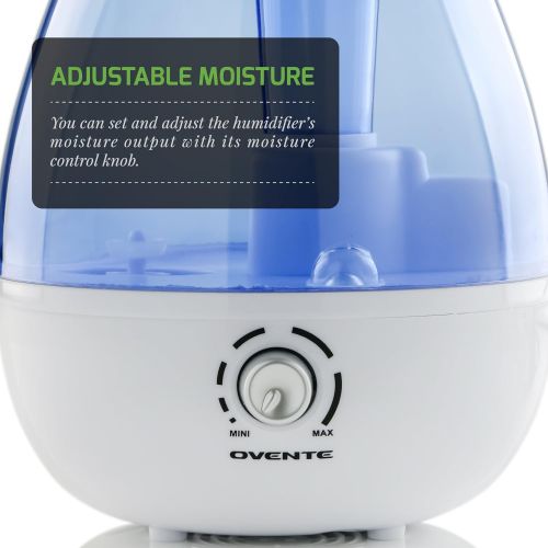  Ovente Ultrasonic Home Water Cool Air Mist Machine, Germ Free, 20 Watts, BPA Free, Humidifier with Blue Light Indicator, 2.5 Liter Refillable Water Tank, and Compact for Easy stora