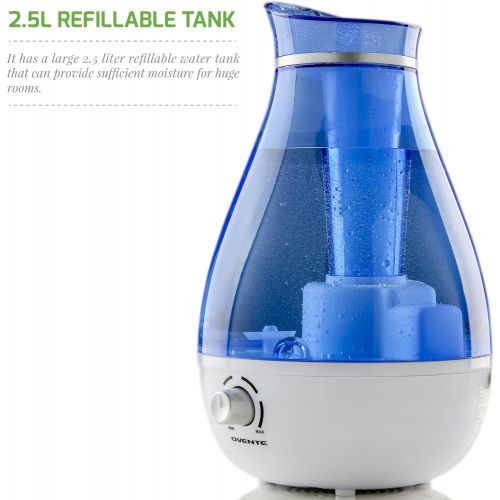  Ovente Ultrasonic Home Water Cool Air Mist Machine, Germ Free, 20 Watts, BPA Free, Humidifier with Blue Light Indicator, 2.5 Liter Refillable Water Tank, and Compact for Easy stora