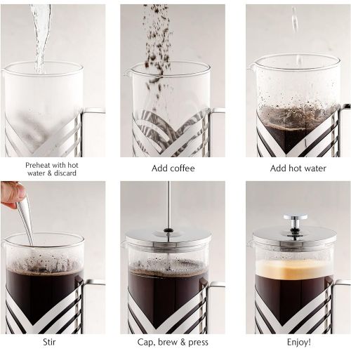  Ovente French Press 27 Ounce Coffee & Tea Maker, 4 Level Stainless Steel Filter System & Heat Resistant Borosilicate Glass, Portable Pitcher for Travel Gift Easy Clean Carafe w/ Sc