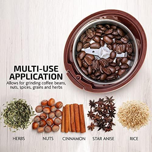  Ovente Electric Coffee Grinder 2.5 Ounces Fresh Grind with Stainless Steel Blades for Beans, Spices, Herbs, and More, 150 Watts Low Noise Motor, One Touch Button Operation, Brown (