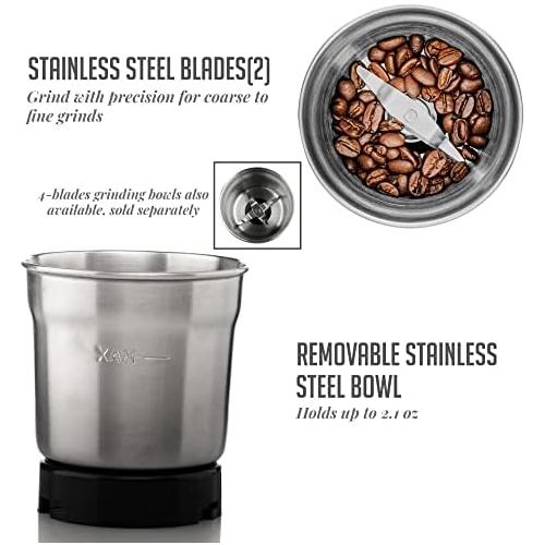  Ovente Electric Coffee & Tea Grinder Mill 2.1 Ounce Fresh Grind with 2 Blade Stainless Steel Grinding Bowl, Fast Grinding with 200 Watt Powered Motor Perfect for Beans, Spices, Nut